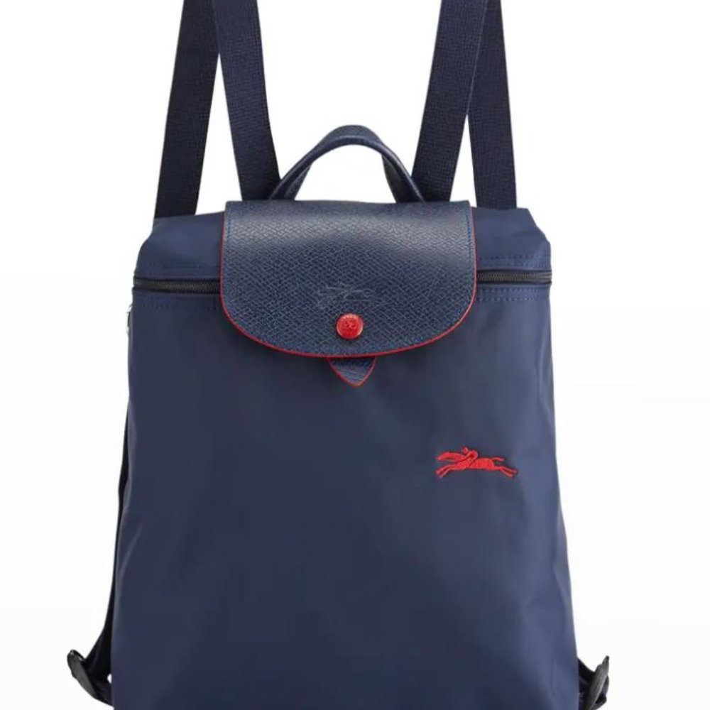 Longchamp Le Pliage Club Navy/Red Nylon Backpack 12.5”H x 11”W x 6”D